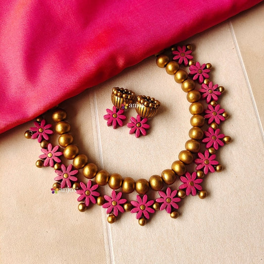 Pink Floral Beaded Terracotta jewellery