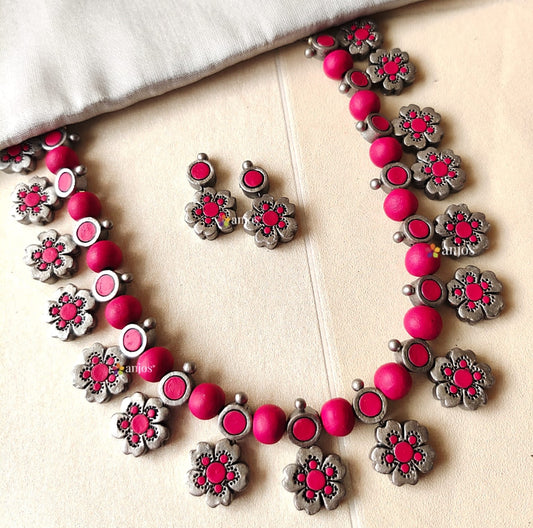 Silver Pink Floral Terracotta Neckset