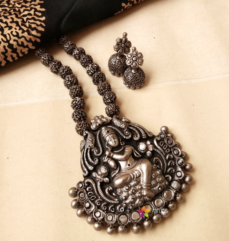Metallic Silver Krishna Terracotta Neckset