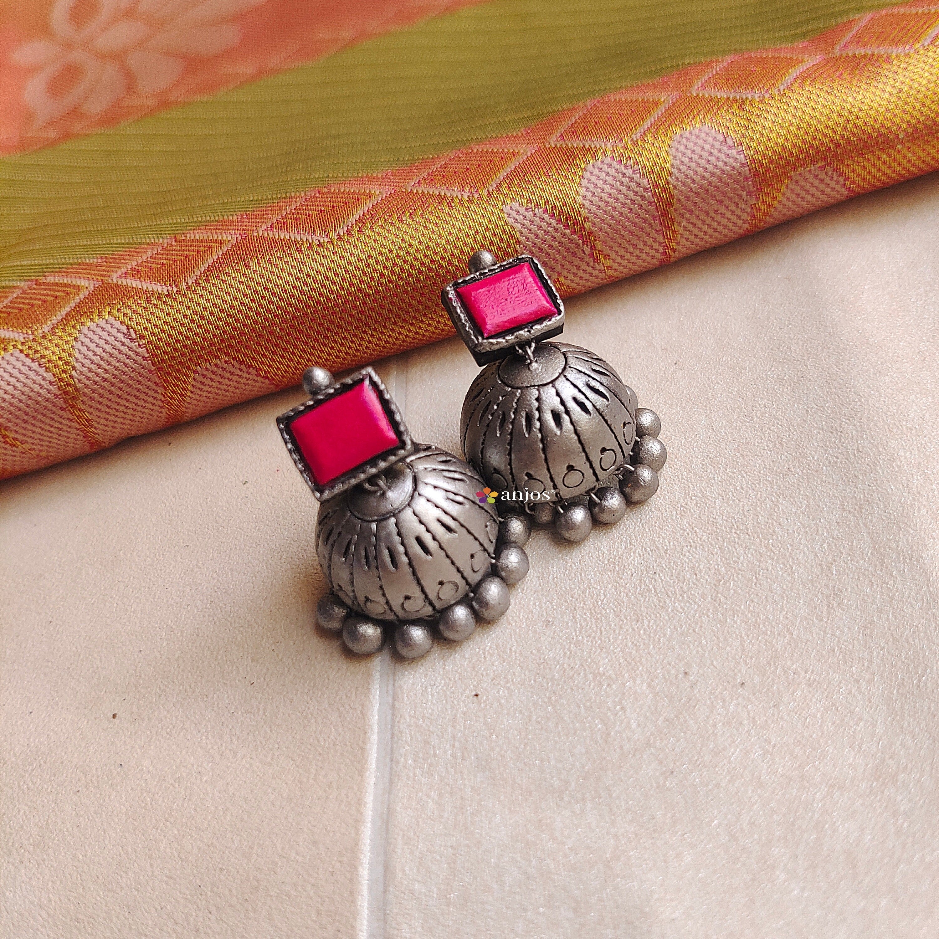 Silver Pink Terracotta Jhumka